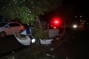 Aparatoso choque de Mustang contra árbol en avenida Lomas del Pedregoso