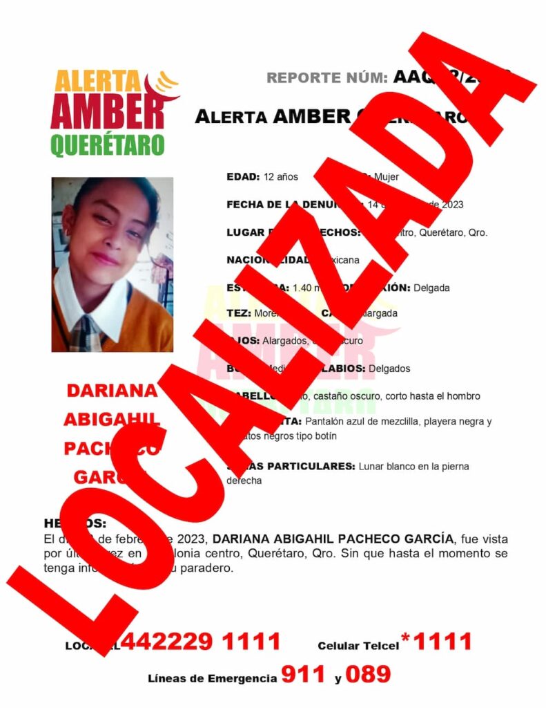 DESACTIVACIÓN Alerta Amber Dariana Abigahil Pacheco García