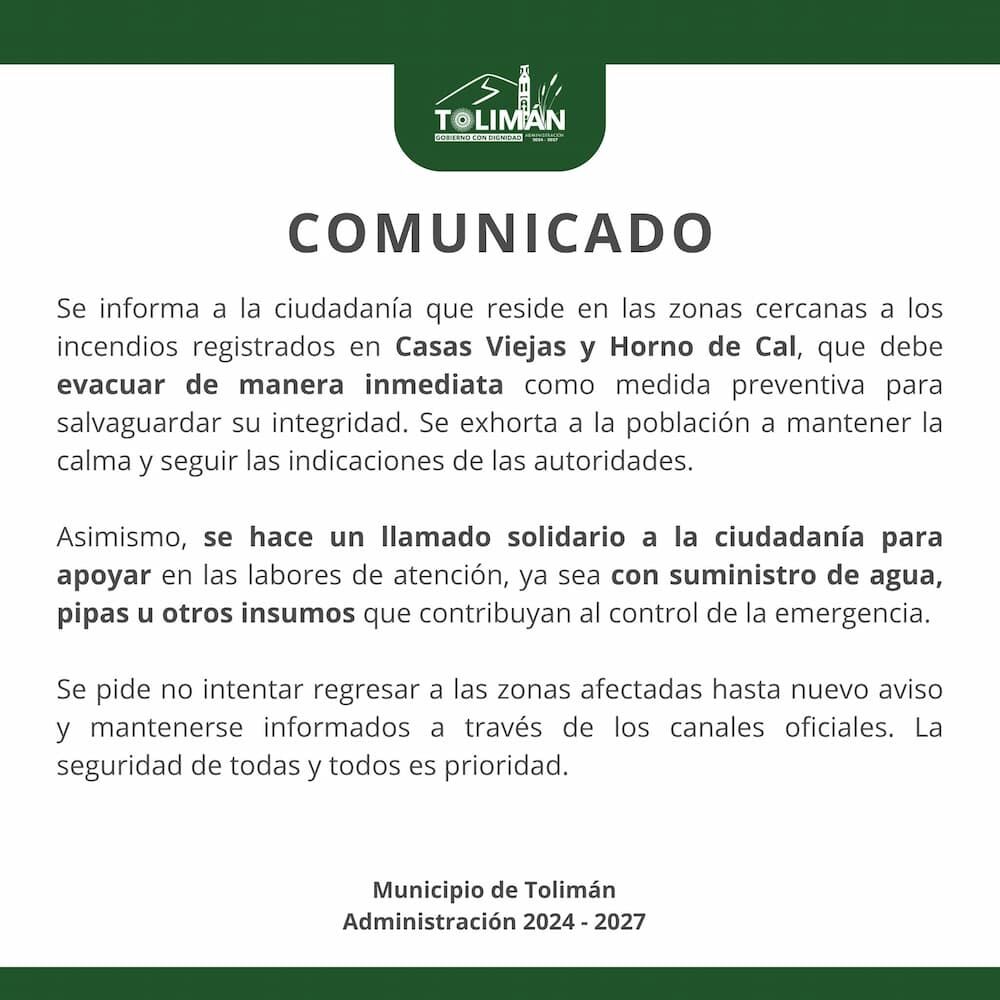 Evacúan zonas de Tolimán por incendios forestales; autoridades piden apoyo ciudadano 1 Evacúan zonas de Tolimán por incendios forestales; autoridades piden apoyo ciudadano