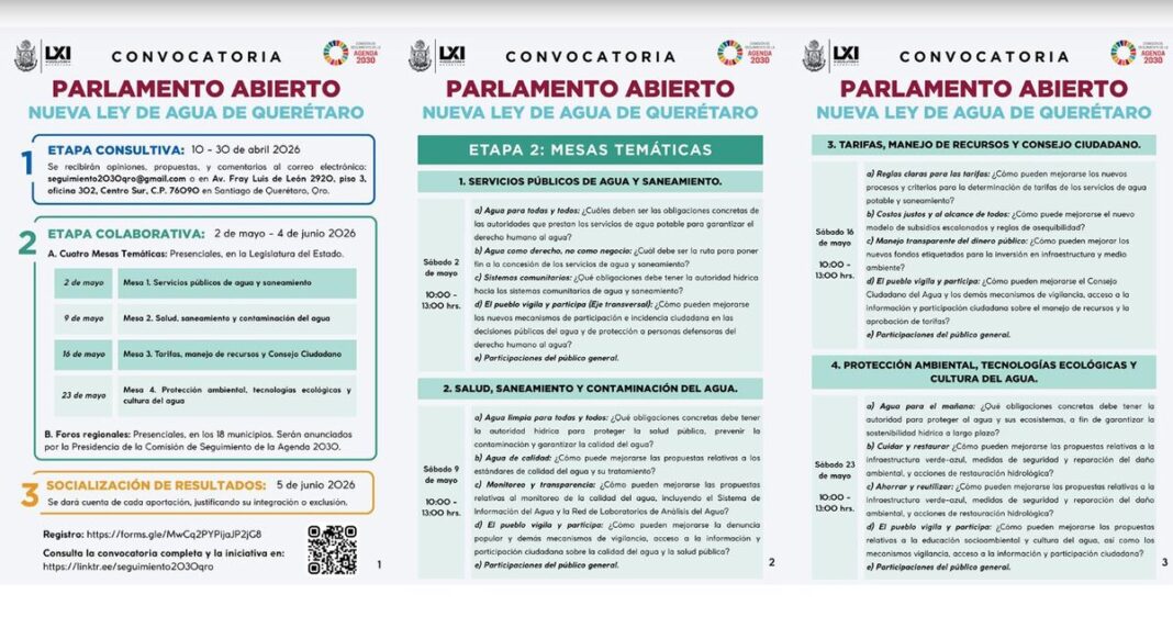 Emite Convocatoria al Parlamento Abierto por la Iniciativa de Ley de Agua y Saneamiento del Estado de Querétaro