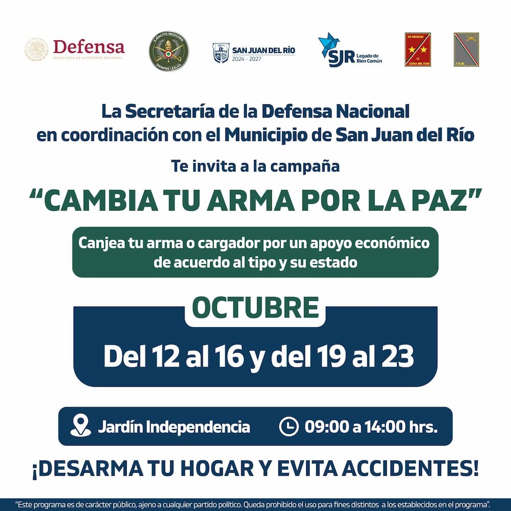 Anuncian campaña de canje “Cambia Tu Arma Por La Paz” en San Juan del Río Anuncian campaña de canje “Cambia Tu Arma Por La Paz” en San Juan del Río